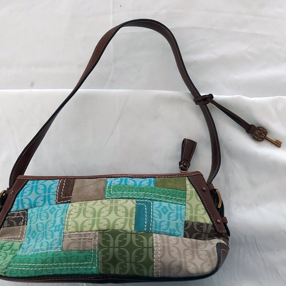 Vintage Fossil Turquoise and Brown Patchwork Cloth Bag - Picture 2 of 7